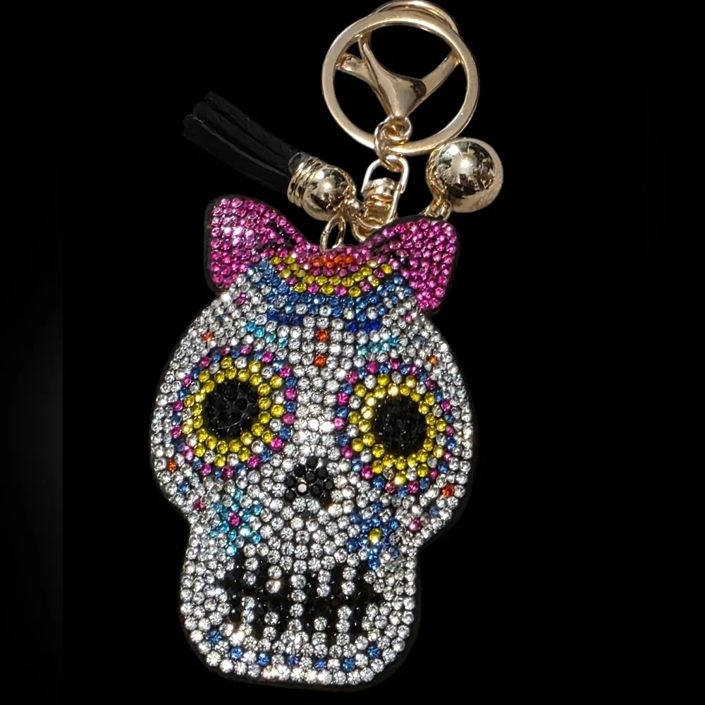 Crystal Sugar Skull Bag Charm | Keychain with Pink Bow